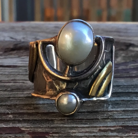 Modernist sterling and goldtone ring with pearl - Picture 8 of 8
